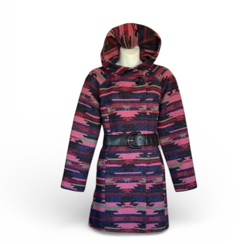 Anthropologie Tabitha Coat Women's S, Pink/Blue print, Hood, Leather Belt. EUC